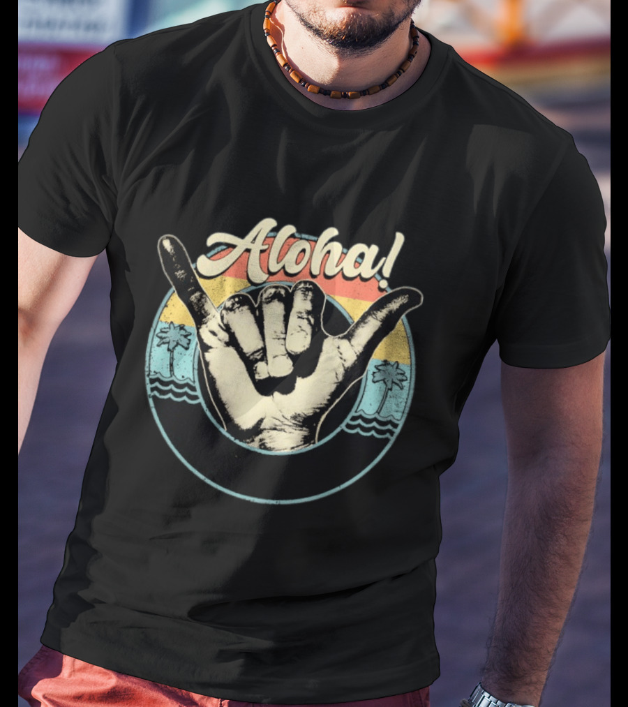 Aloha Shaka Hand Gesture Tropical Sunset With Palm Trees T-Shirt