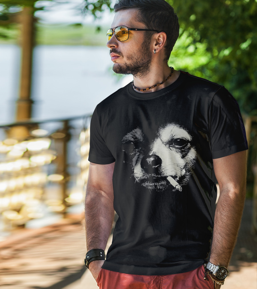 Chihuahua Smoking Cigarette Black And White T-Shirt
