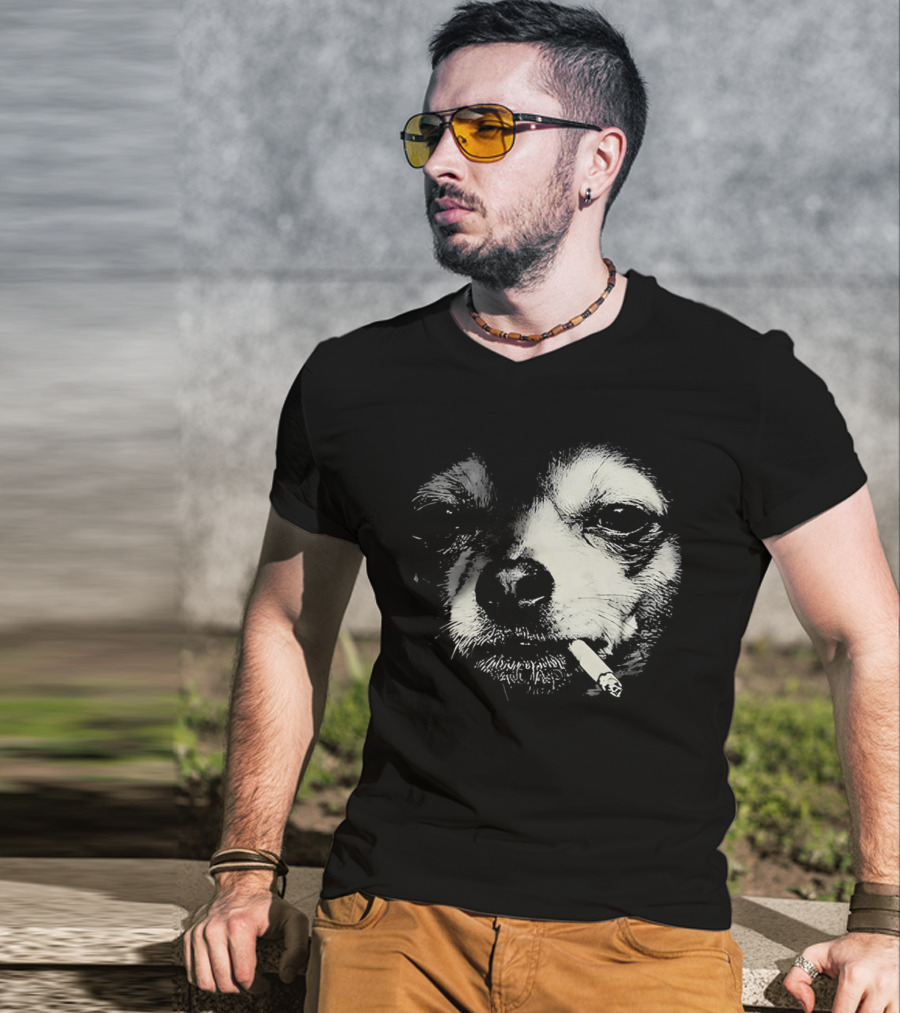 Chihuahua Smoking Cigarette Black And White T-Shirt