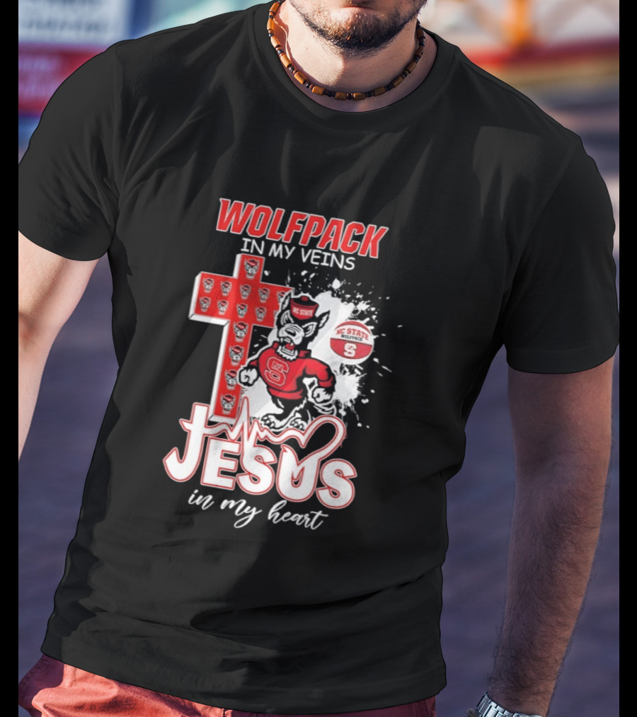 NC State Wolfpack In My Veins Jesus In My Heart Faithful Cross T-Shirt
