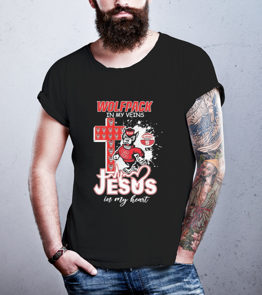 NC State Wolfpack In My Veins Jesus In My Heart Faithful Cross T-Shirt