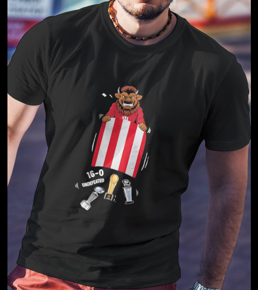 Indiana Hoosiers 16 0 Undefeated Mascot Holding Red White Flag And Trophies T-Shirt