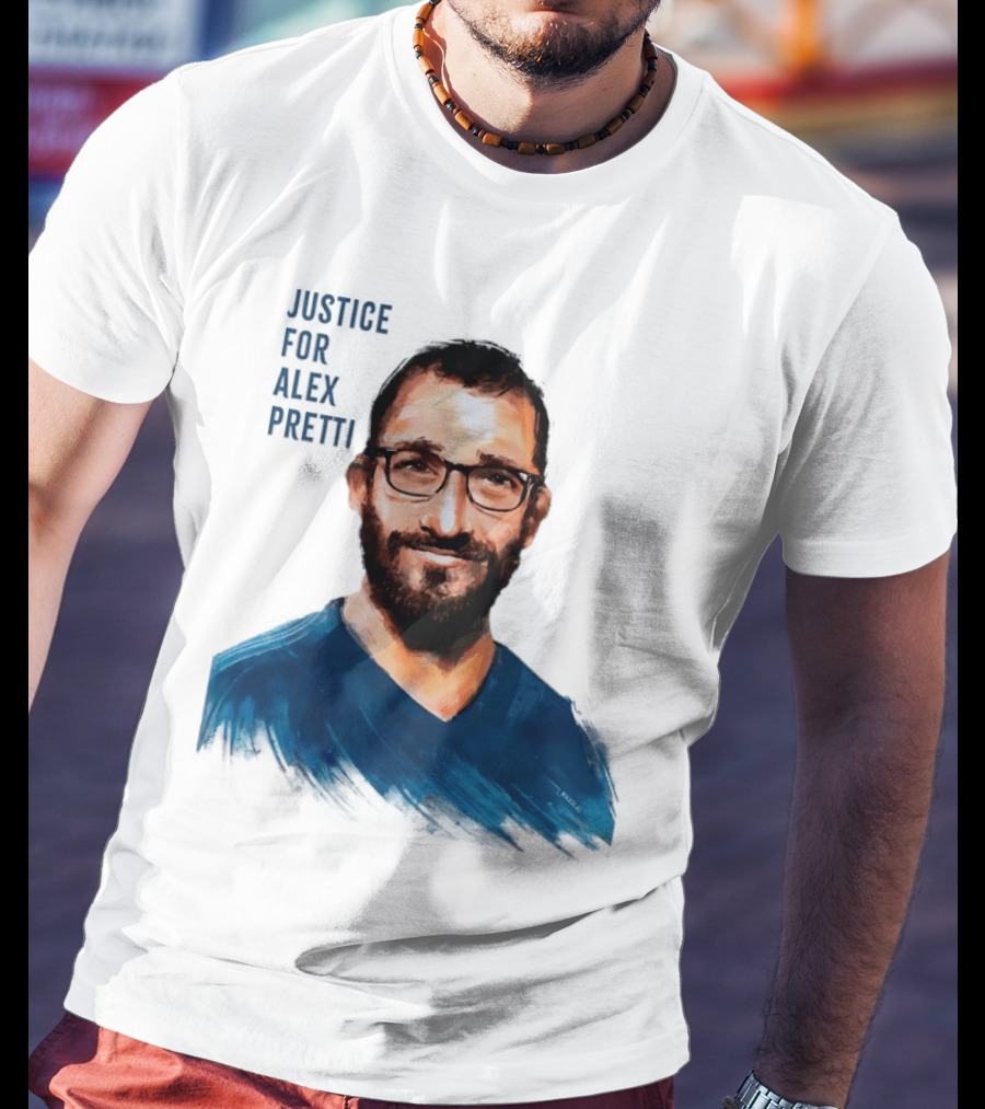 Justice For Alex Pretti Painting Portrait With Glasses And Blue T-Shirt