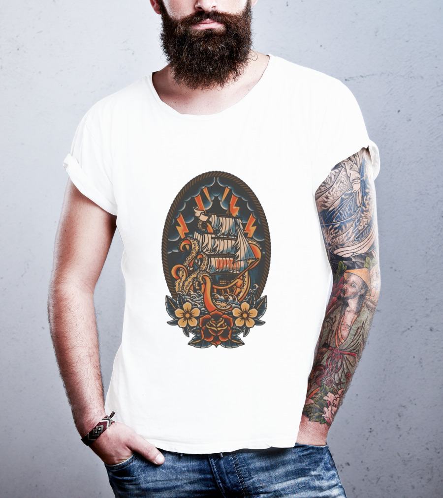 Kraken Sailboat Flower American Traditional Lightning Tattoo T-Shirt