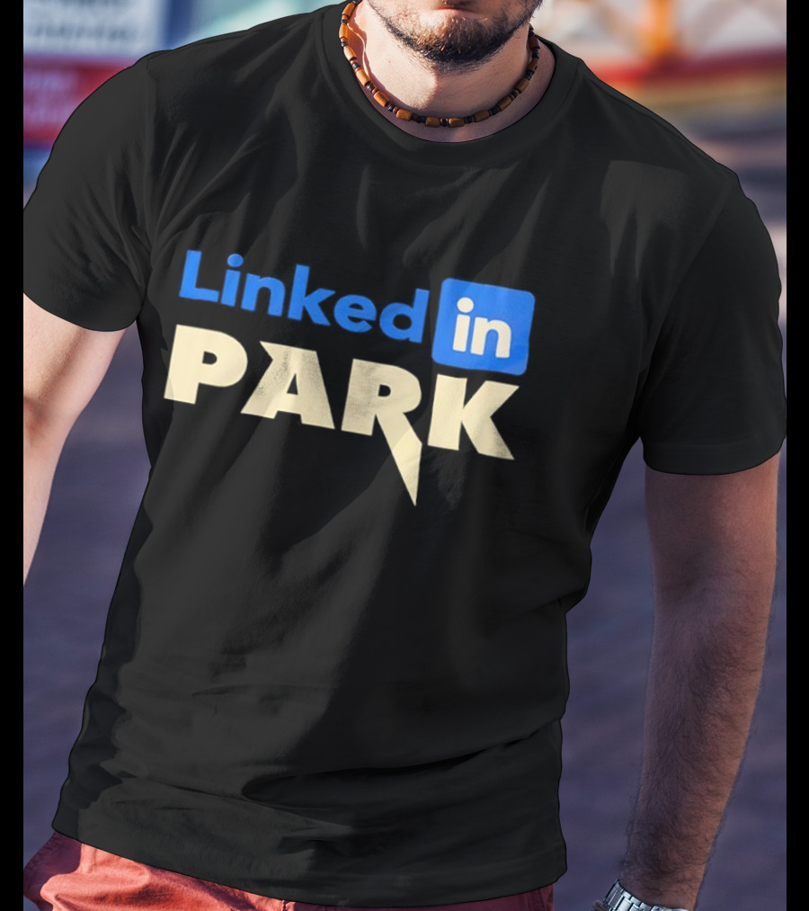 Linked In Park Blocky Font Text In Blue And Beige T-Shirt