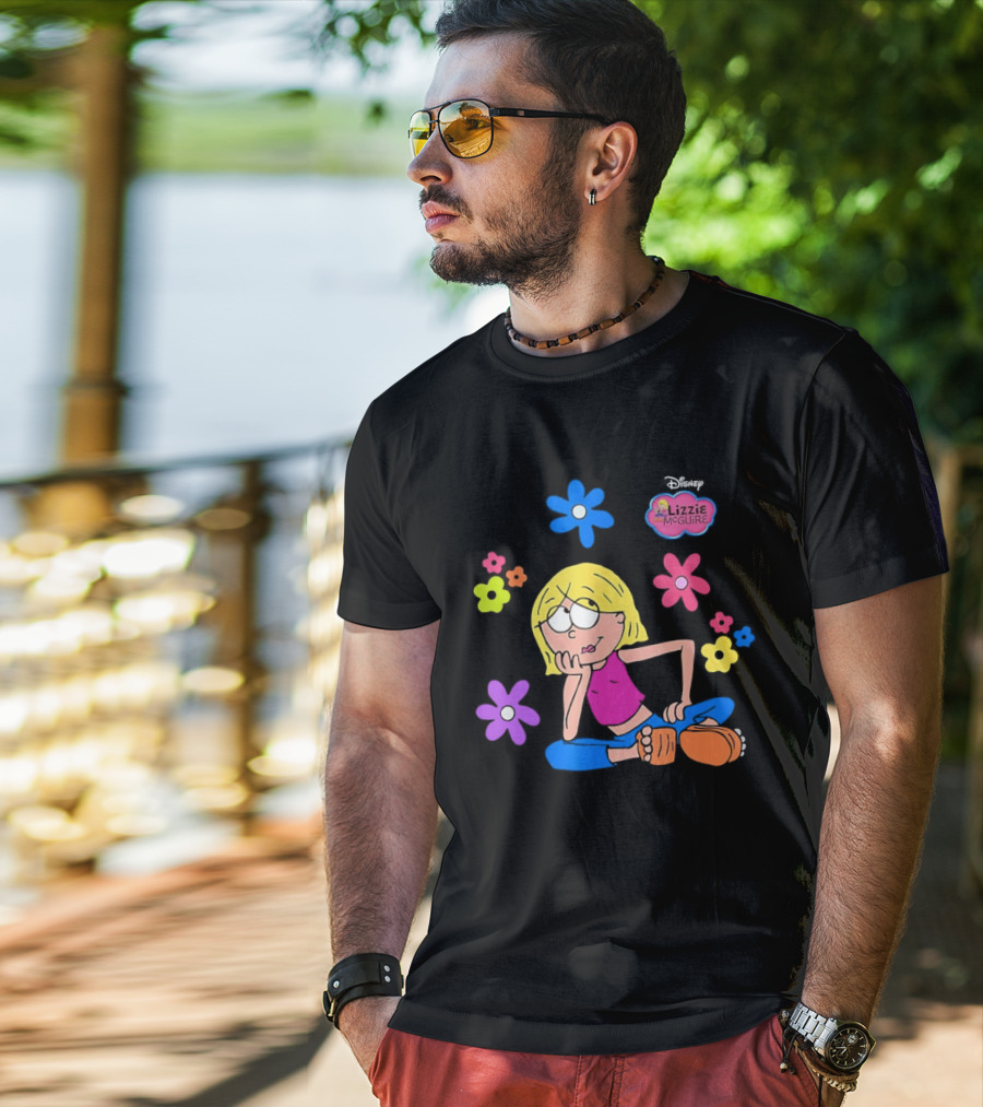 Lizzie McGuire Cartoon Colorful Flowers And Character Sitting Clipart T-Shirt