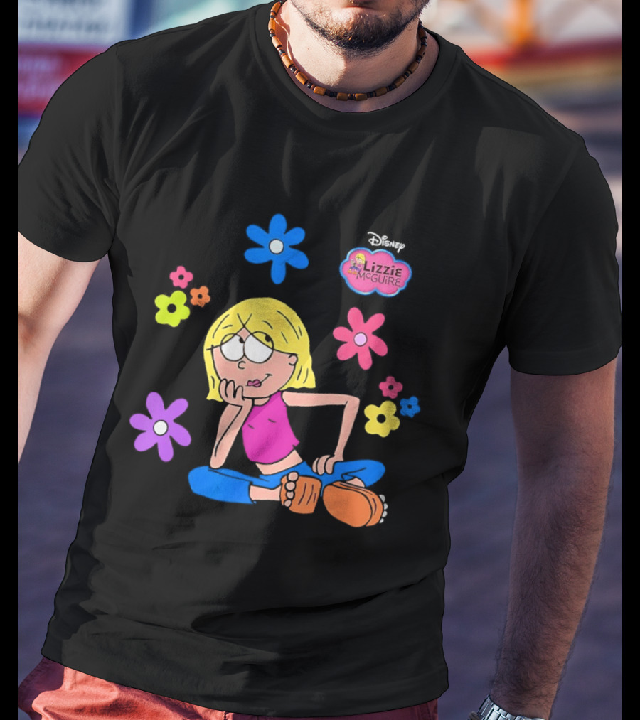 Lizzie McGuire Cartoon Colorful Flowers And Character Sitting Clipart T-Shirt