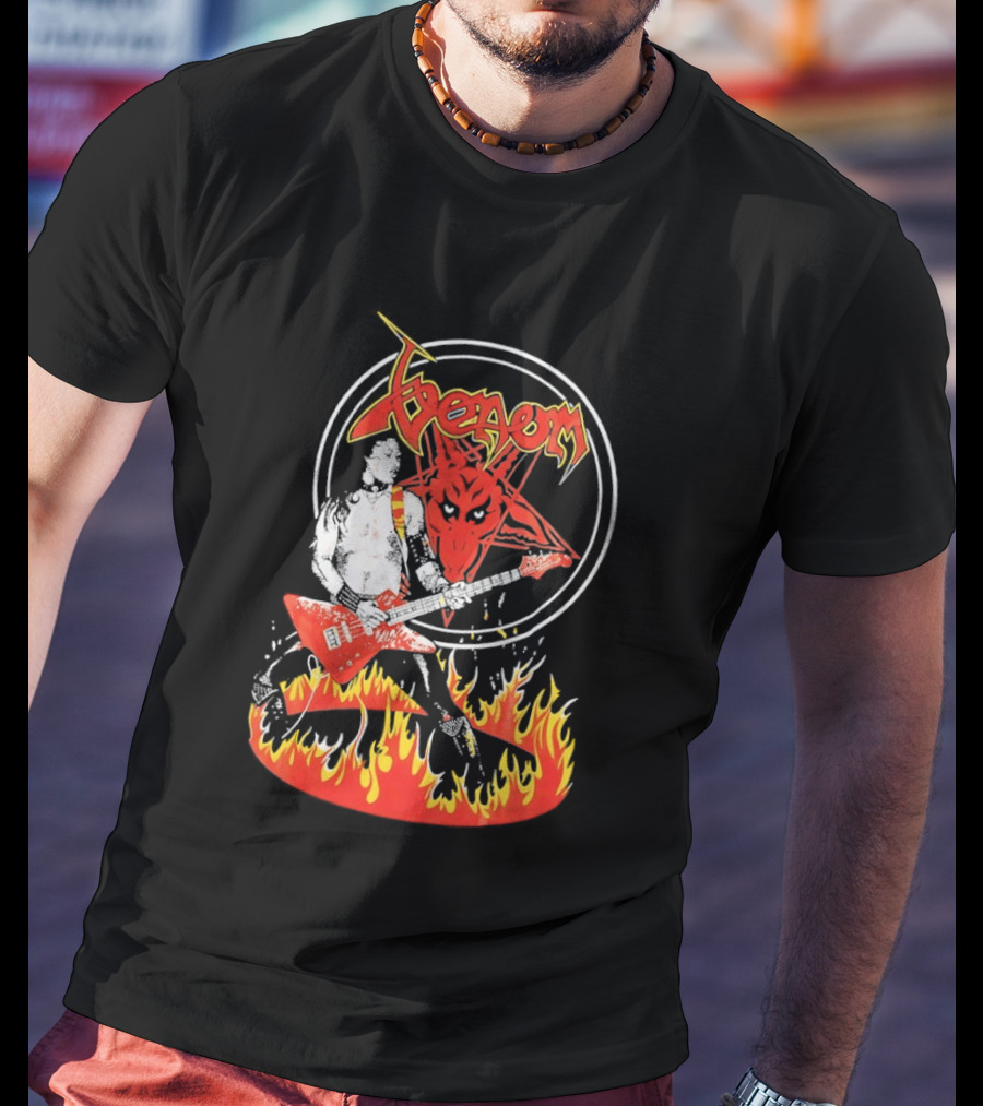 Venom Red Demon Guitarist Flaming Circle T-Shirt