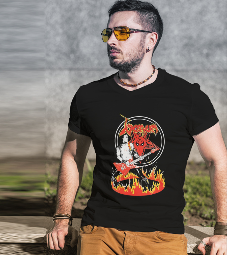 Venom Red Demon Guitarist Flaming Circle T-Shirt
