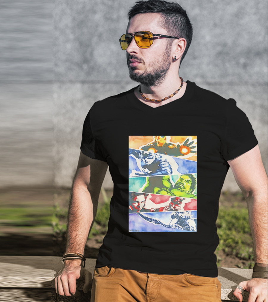 Avengers Iron Man Captain America Hulk Black Widow Thor Watercolor Comic Characters T-Shirt