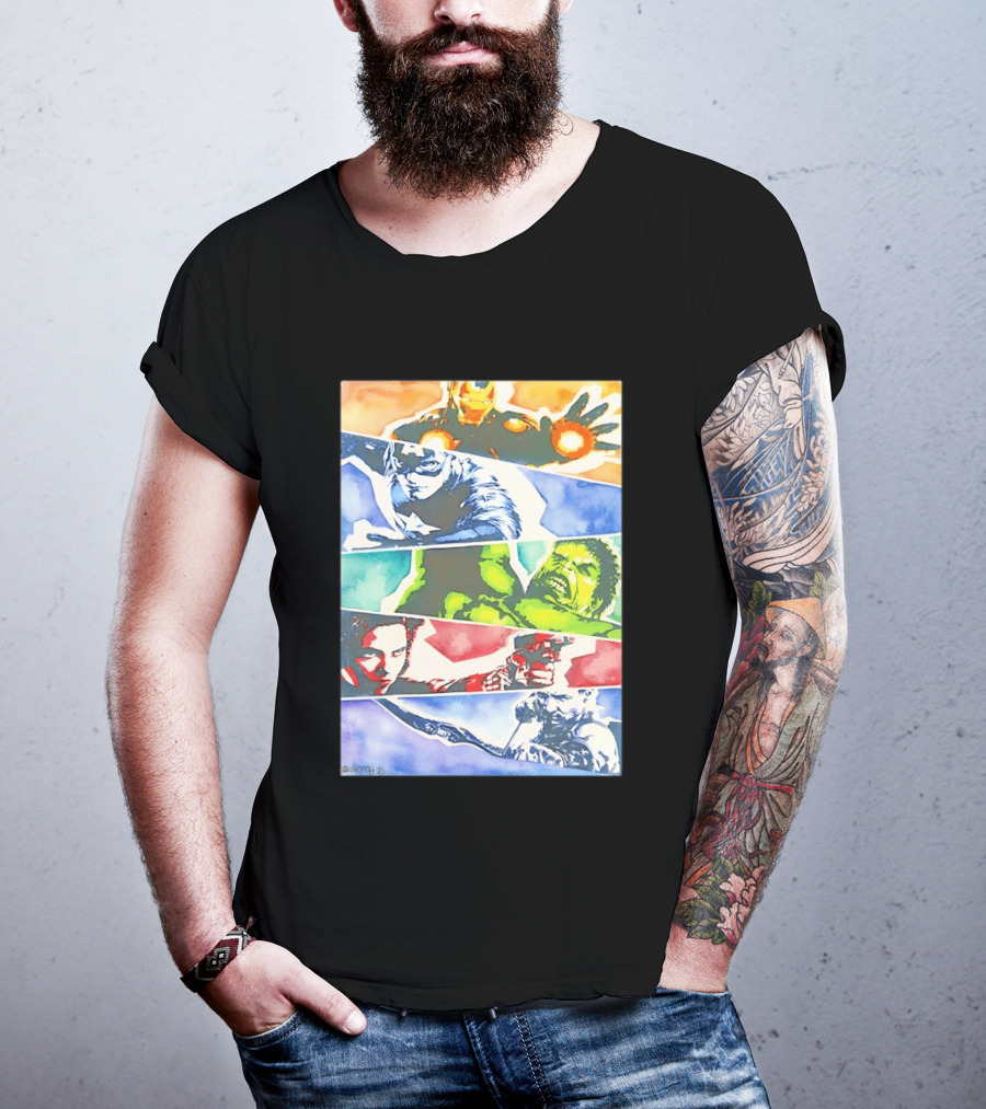 Avengers Iron Man Captain America Hulk Black Widow Thor Watercolor Comic Characters T-Shirt