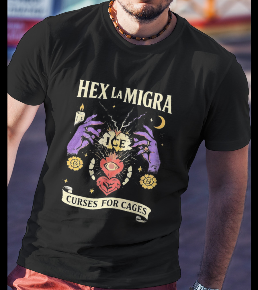 Hex La Migra Curses For Cages Eye Heart Moon Candle Sun Hands T-Shirt