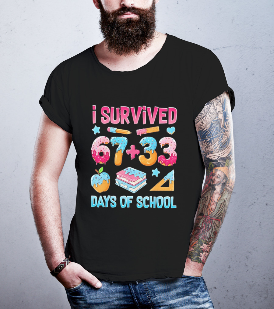 I Survived 67 Plus 33 Days Of School Apple Book Donut Melting T-Shirt