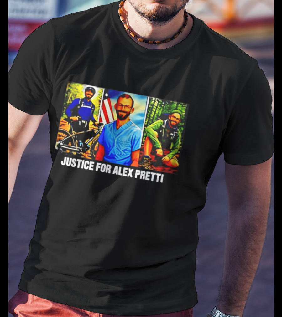 Justice For Alex Pretti Cartoon Art With American Flag And Nature Explorer T-Shirt
