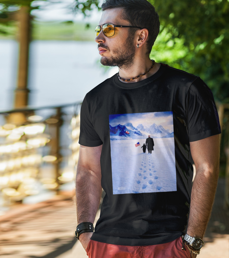 The White House Donald Trump Walking With Penguin American Canadian Flags Snowy Mountains T-Shirt