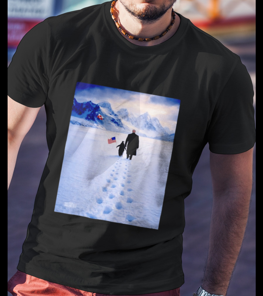 The White House Donald Trump Walking With Penguin American Canadian Flags Snowy Mountains T-Shirt