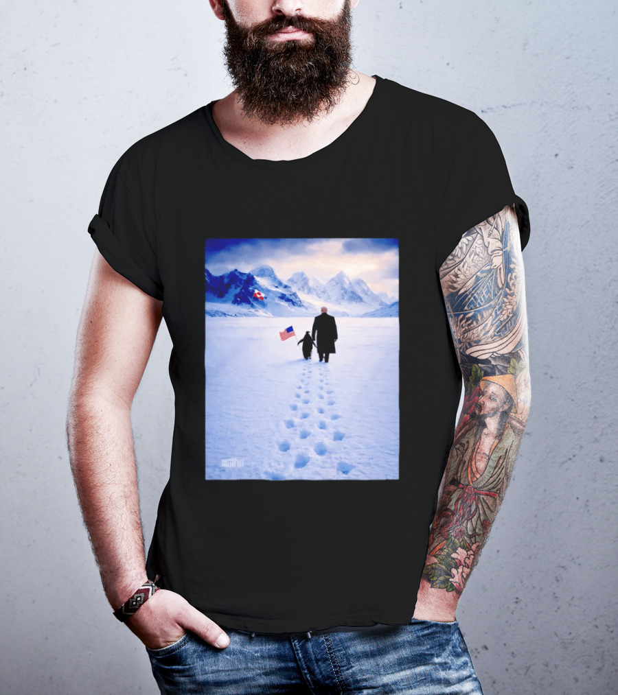 The White House Donald Trump Walking With Penguin American Canadian Flags Snowy Mountains T-Shirt