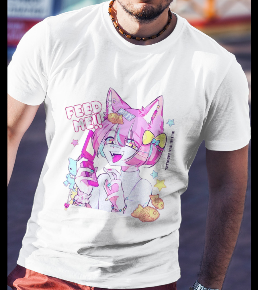 Anime Feed Me Pastel Kawaii Catgirl Eating Fish Cookies T-Shirt