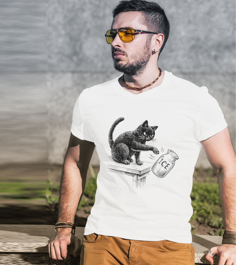 Cat Knocking Over ICE Jar Pro Immigration Message T-Shirt