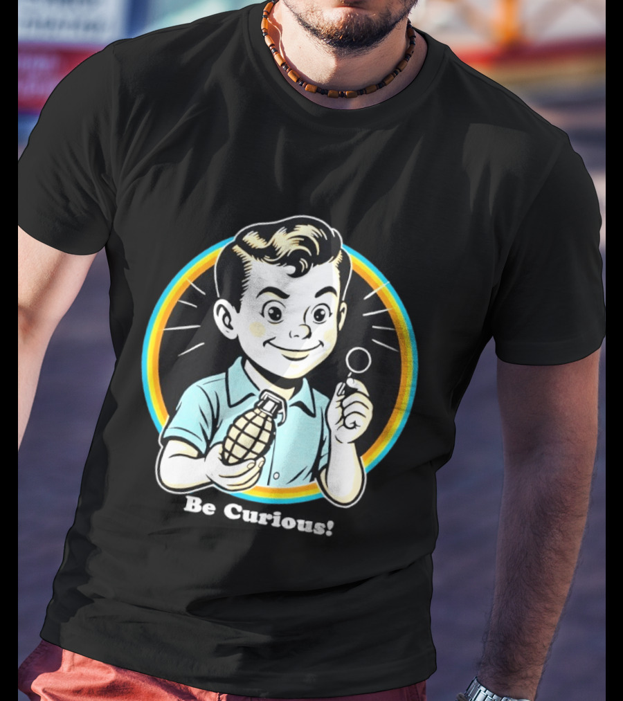 Be Curious Retro Comic Style Boy Holding Grenade And Pin T-Shirt