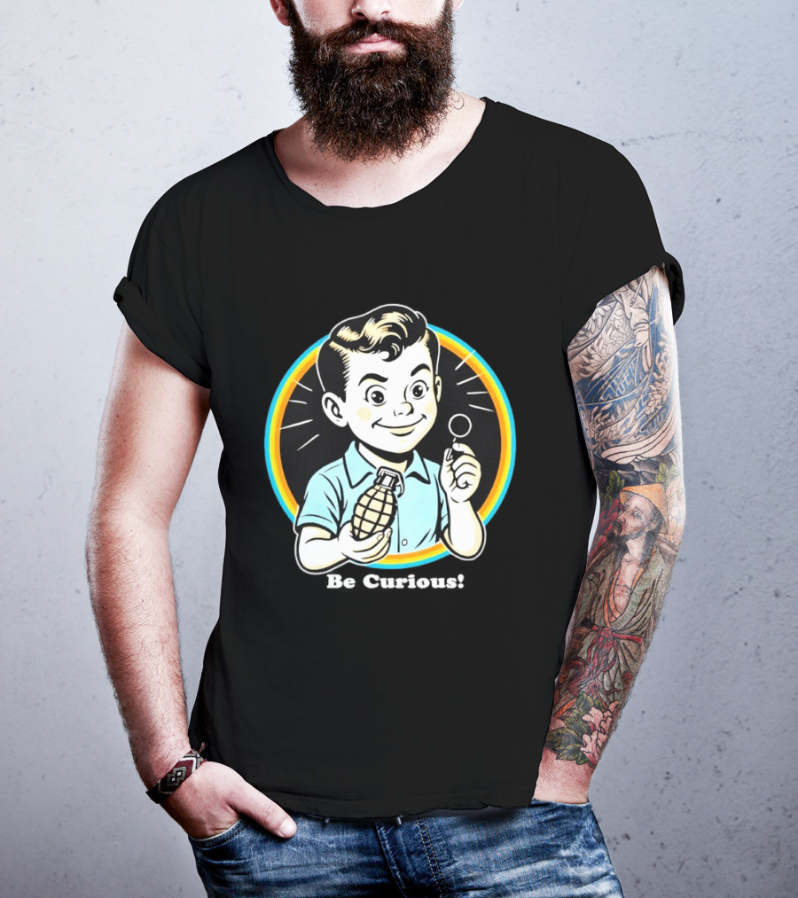 Be Curious Retro Comic Style Boy Holding Grenade And Pin T-Shirt