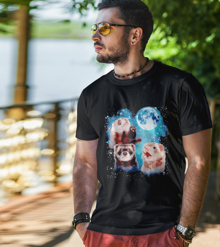 Ferret Trio With Full Moon And Starlit Sky T-Shirt