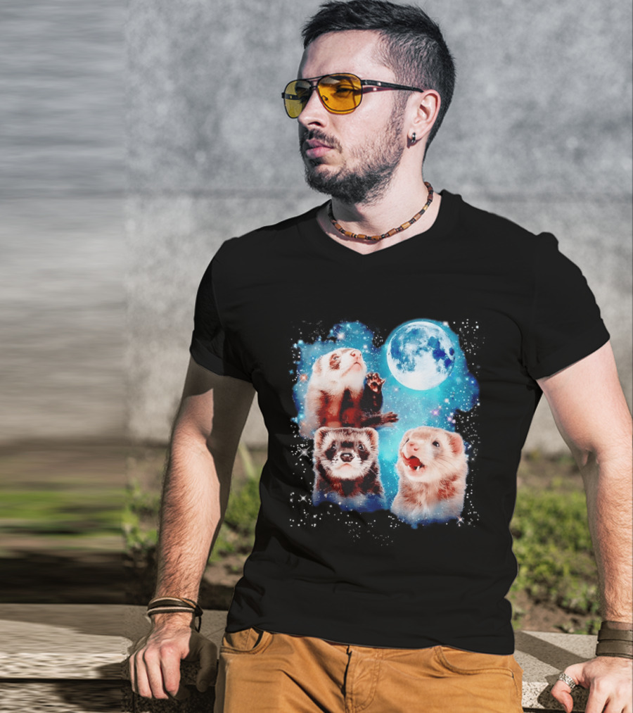 Ferret Trio With Full Moon And Starlit Sky T-Shirt