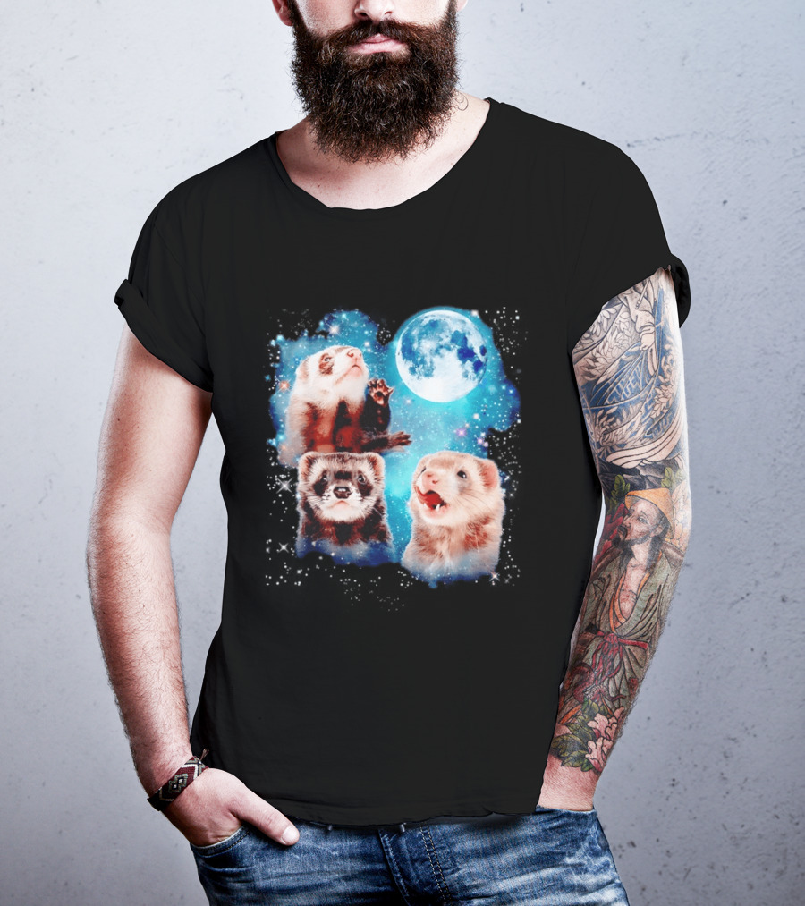 Ferret Trio With Full Moon And Starlit Sky T-Shirt