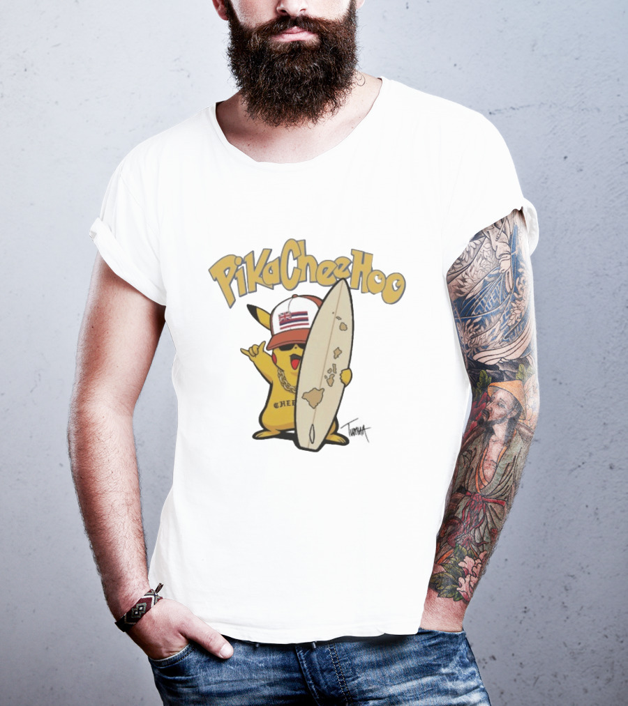 PikaCheeHoo Pikachu Surfboard Tumua Hawaii Flag Hat T-Shirt