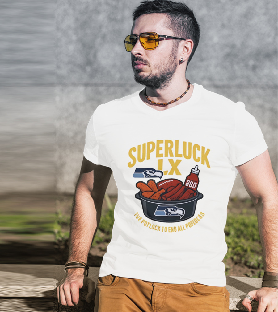 SuperLuck LX Seattle Seahawks Potluck BBQ Football T-Shirt