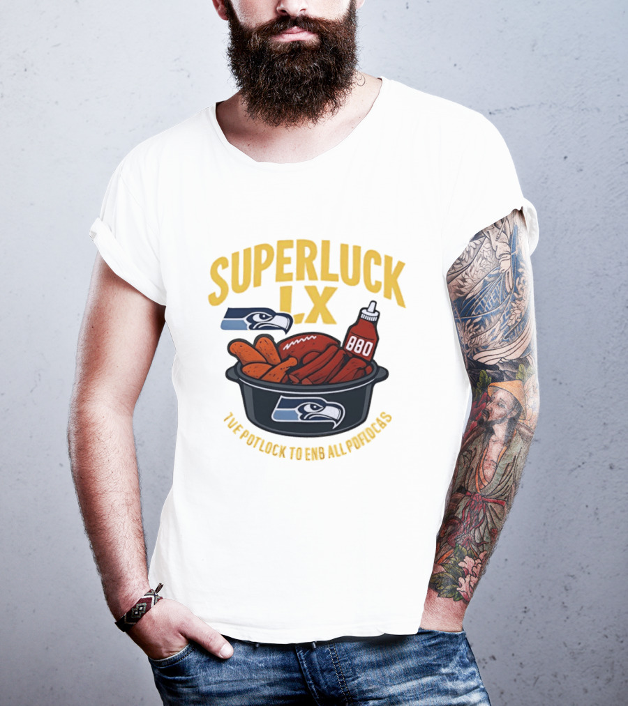SuperLuck LX Seattle Seahawks Potluck BBQ Football T-Shirt