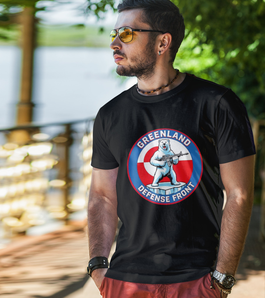 Greenland Defense Front Grumpy Polar Bear Holding Rifle T-Shirt