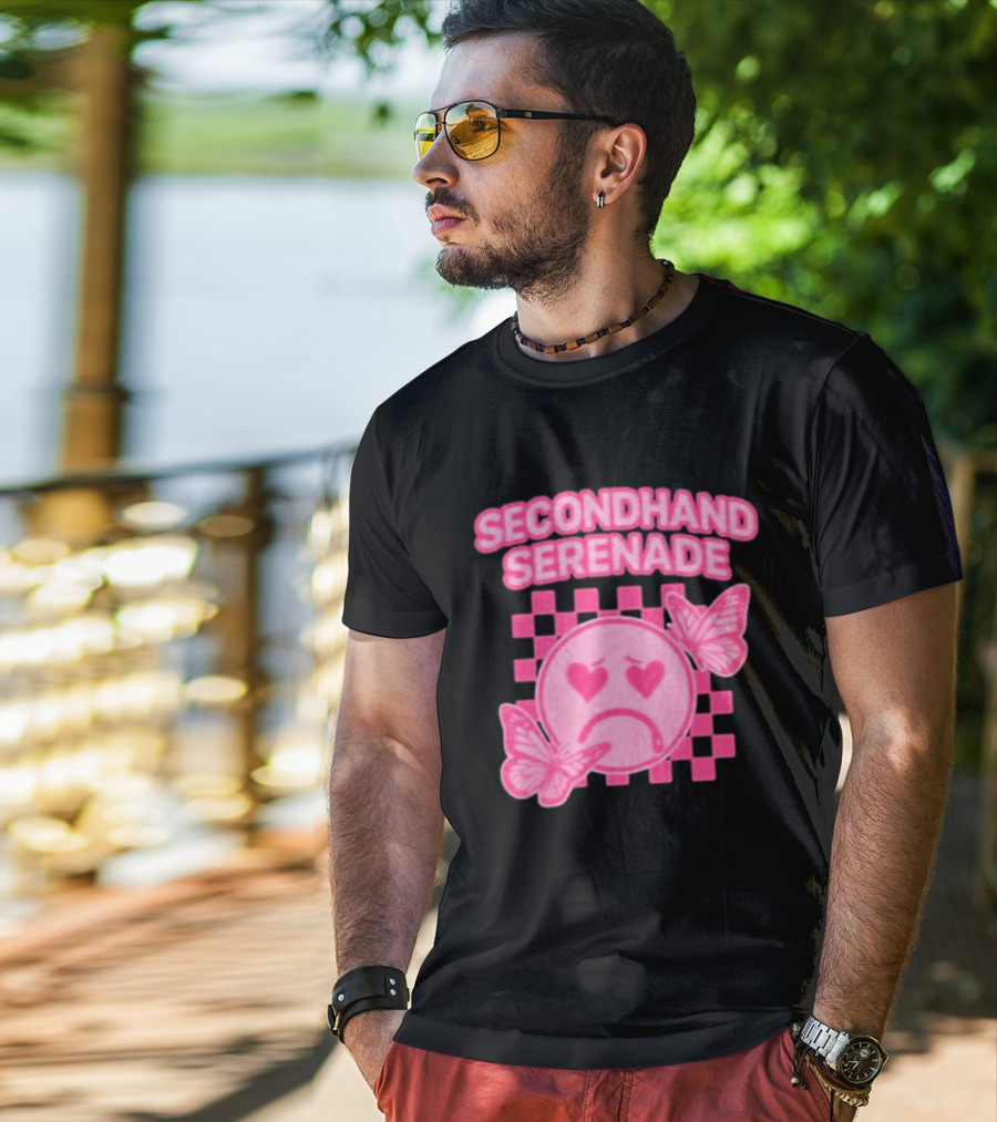 Secondhand Serenade Sad Emo Pink Heartbroken Face With Butterflies T-Shirt