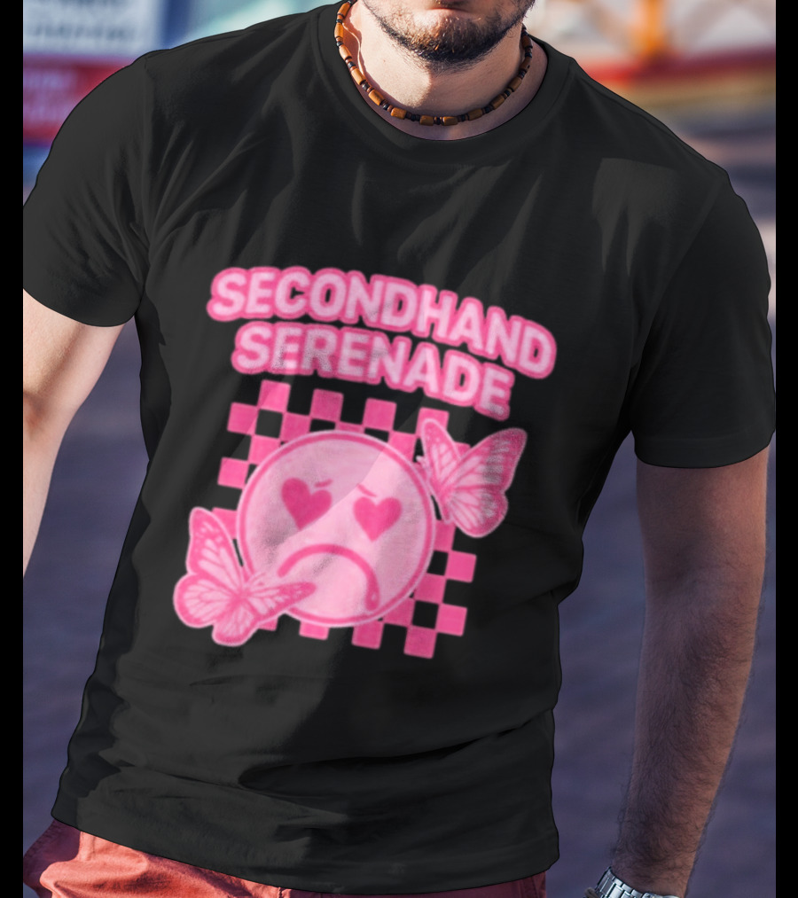 Secondhand Serenade Sad Emo Pink Heartbroken Face With Butterflies T-Shirt