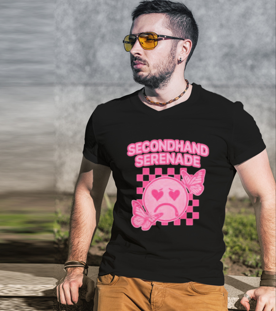 Secondhand Serenade Sad Emo Pink Heartbroken Face With Butterflies T-Shirt