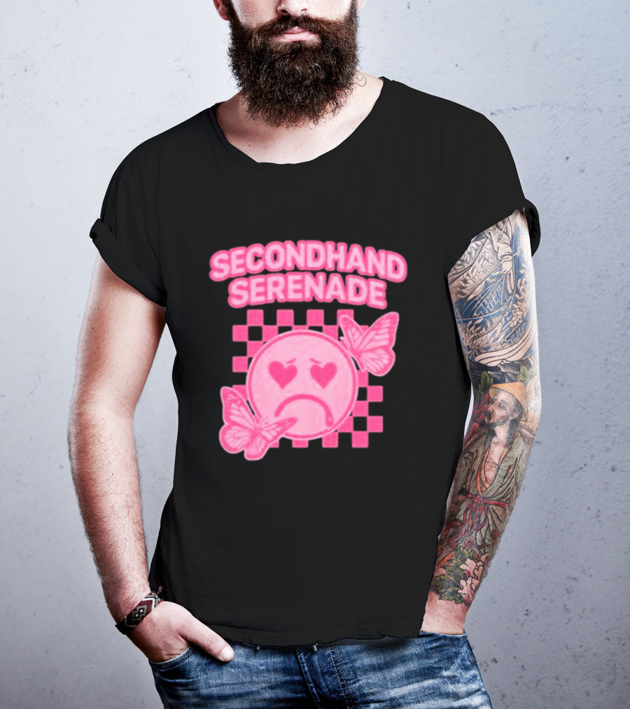 Secondhand Serenade Sad Emo Pink Heartbroken Face With Butterflies T-Shirt