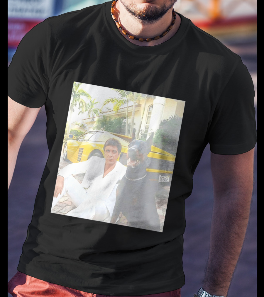 Tony Montana With Dog In Front Of Yellow Sports Car Scene From Scarface T-Shirt