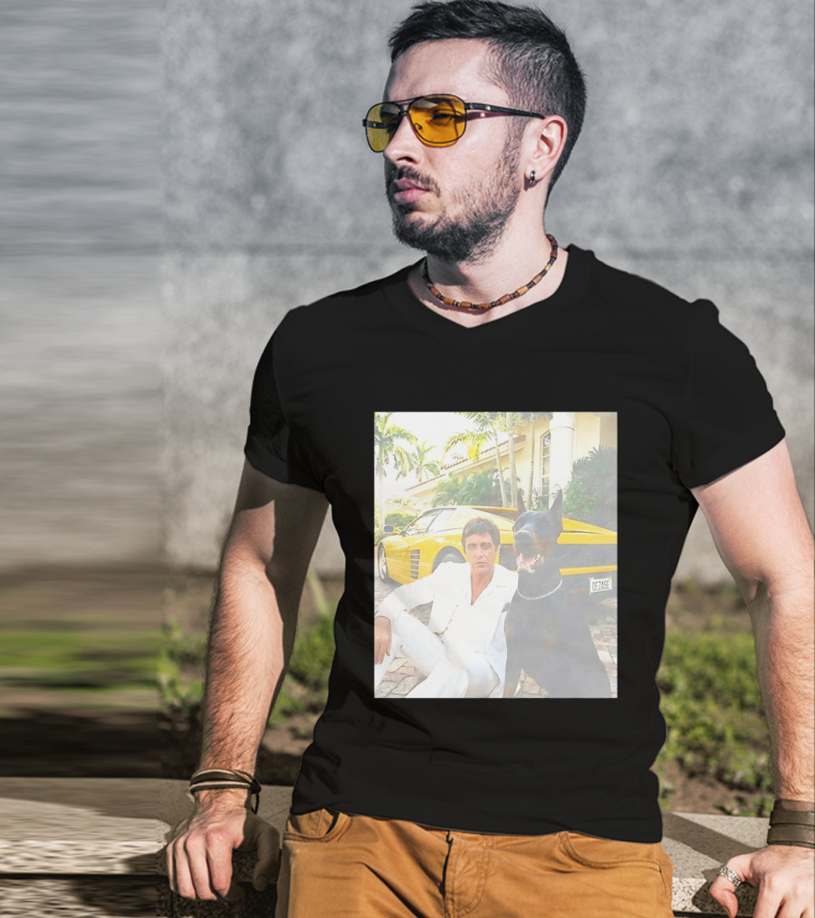 Tony Montana With Dog In Front Of Yellow Sports Car Scene From Scarface T-Shirt
