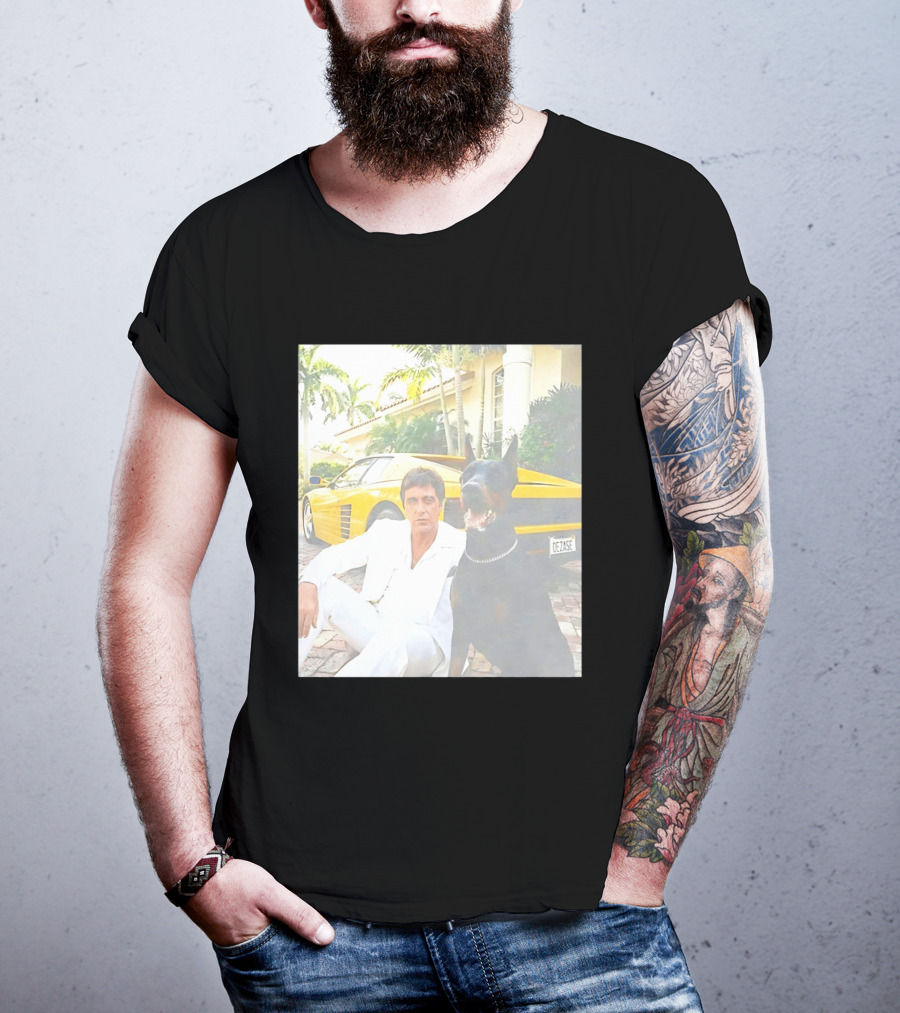 Tony Montana With Dog In Front Of Yellow Sports Car Scene From Scarface T-Shirt
