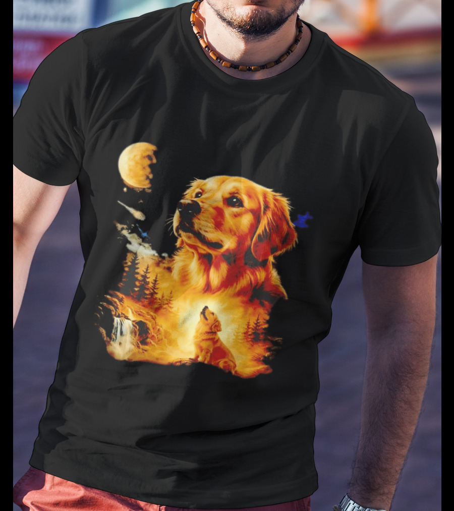 Golden Retriever Majestic Night Howl At Moonlit Waterfall T-Shirt