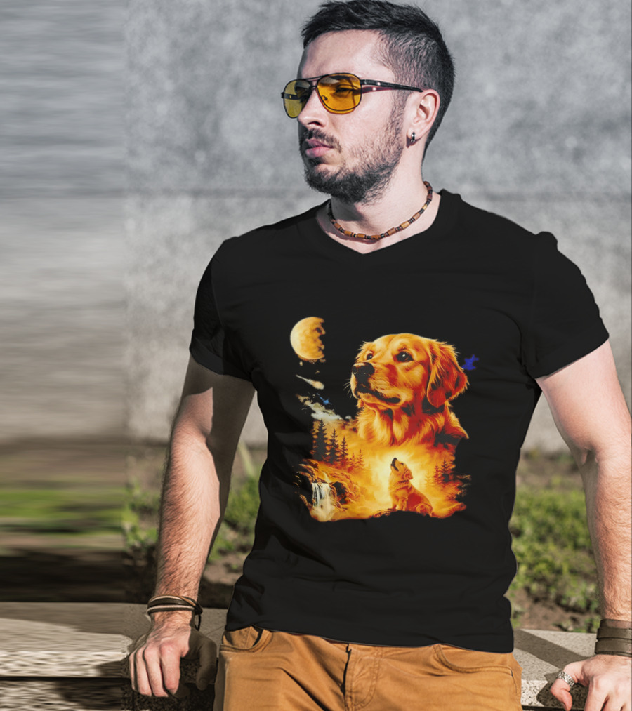 Golden Retriever Majestic Night Howl At Moonlit Waterfall T-Shirt