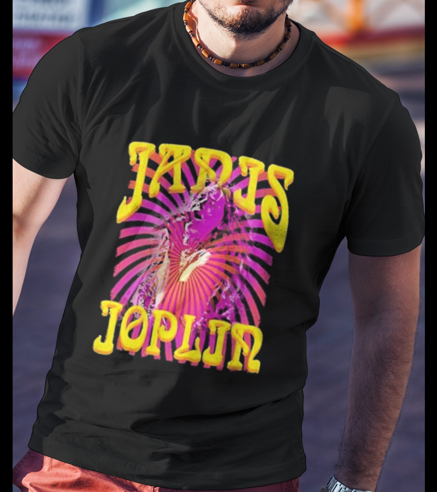 Janis Joplin Psychedelic Swirl Vibrant Yellow Text Pink Burst T-Shirt
