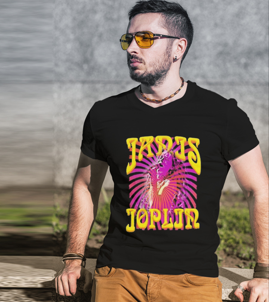 Janis Joplin Psychedelic Swirl Vibrant Yellow Text Pink Burst T-Shirt