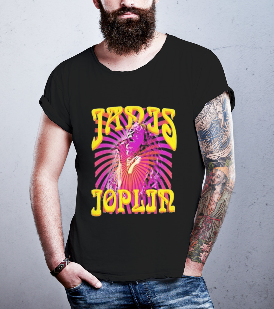 Janis Joplin Psychedelic Swirl Vibrant Yellow Text Pink Burst T-Shirt