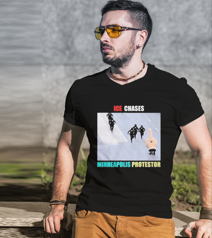 ICE Chases Minneapolis Protestor Middle Finger Gesture T-Shirt