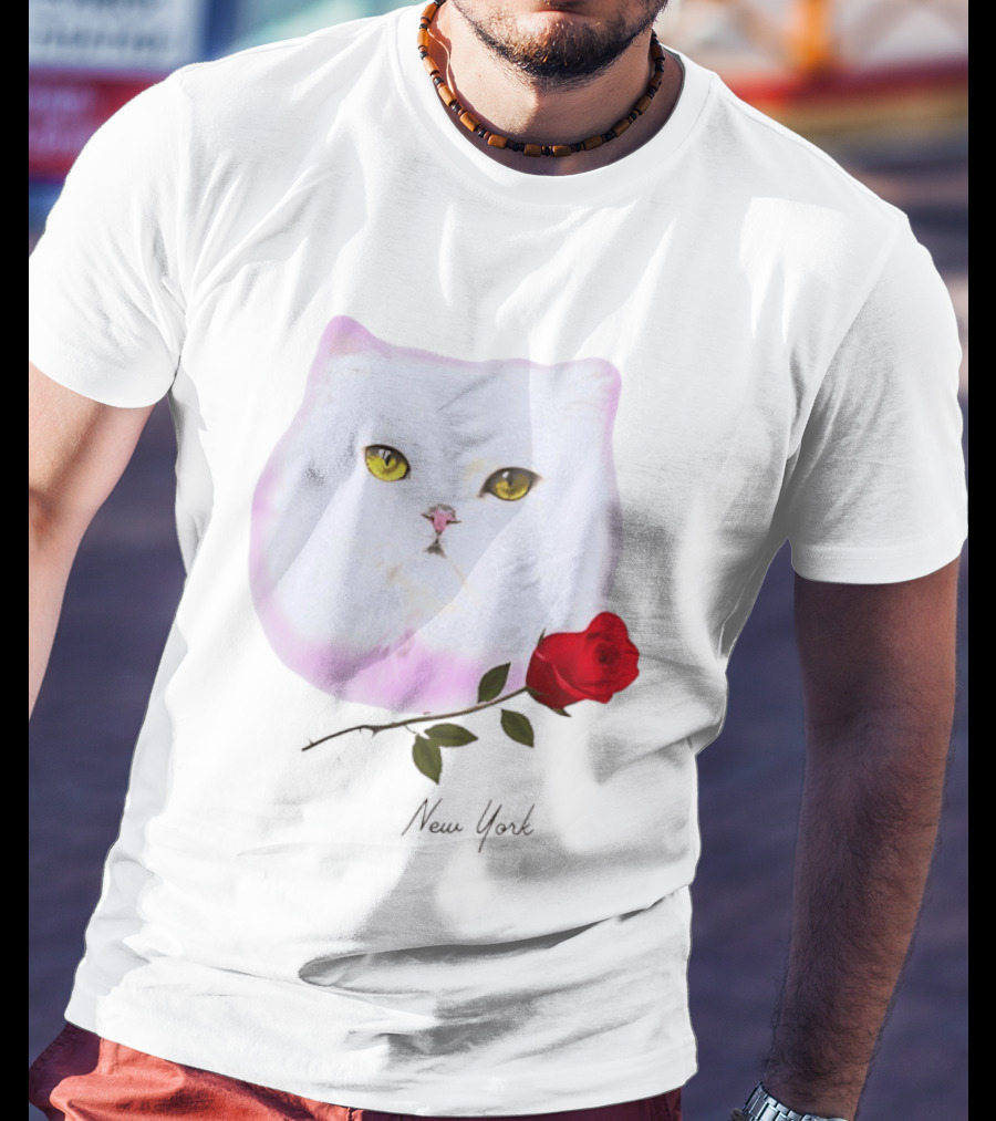Cat Rose New York White Cat Face Yellow Eyes Red Rose T-Shirt