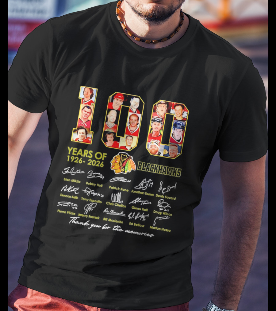 Chicago Blackhawks 100 Years 1926 2026 Thank You For The Memories Signatures T-Shirt