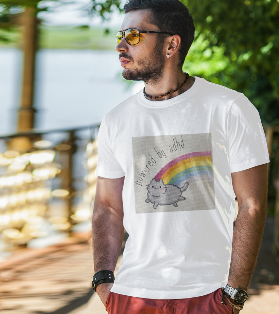 Cat Powered By ADHD Rainbow Cute Cross Stitch Patchwork T-Shirt