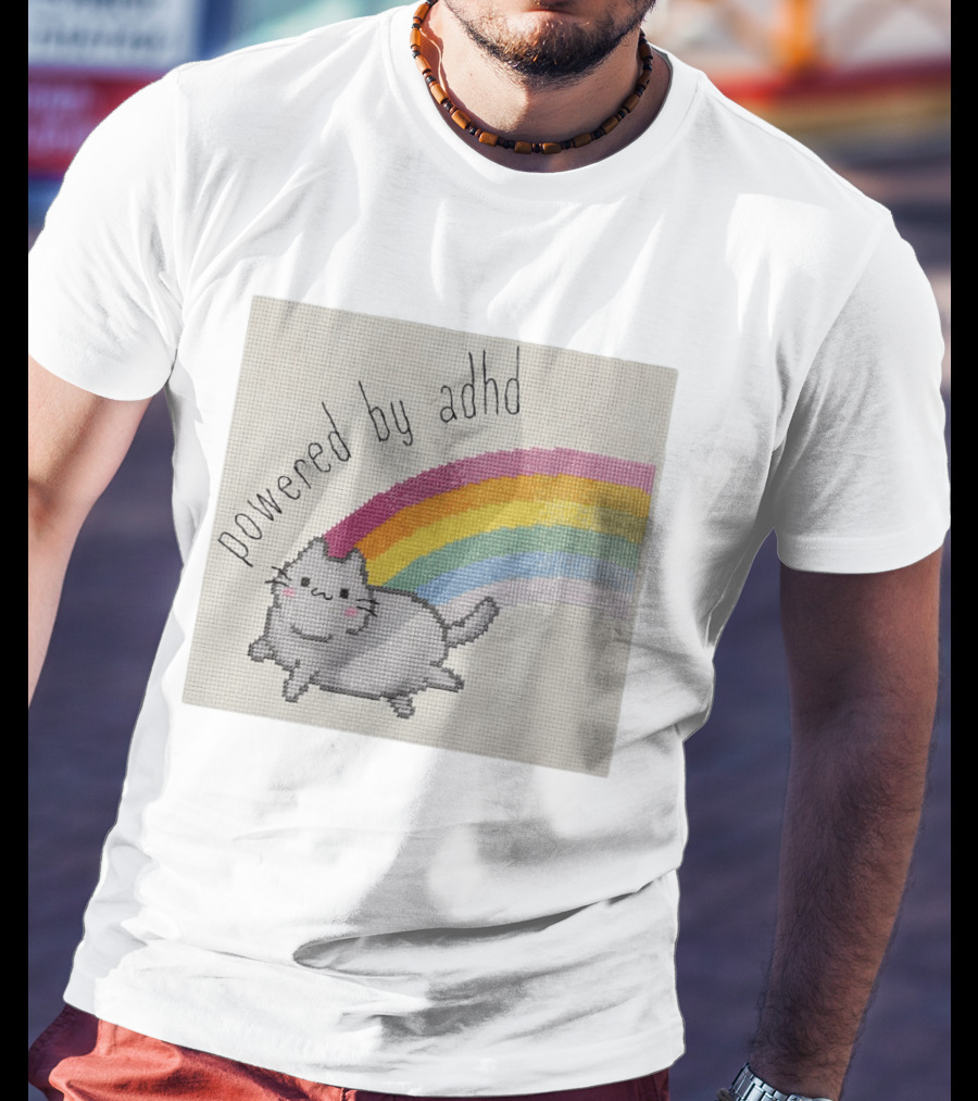 Cat Powered By ADHD Rainbow Cute Cross Stitch Patchwork T-Shirt