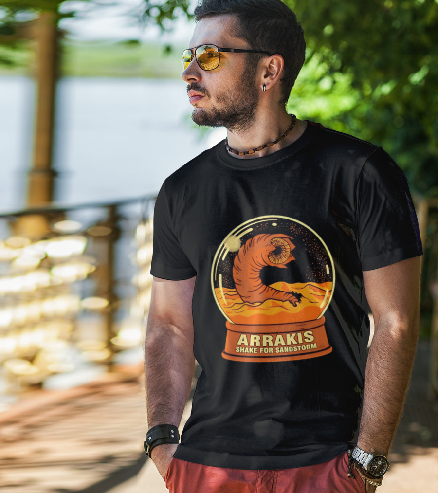 Arrakis Shake For Sandstorm Snow Globe Iconic Sandworm And Desert Scene T-Shirt